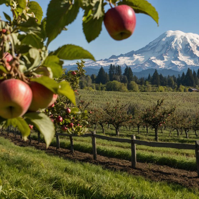Apple orchard with mountain backdrop.